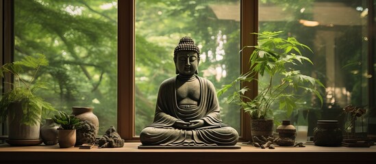 Buddha sculpture in window display