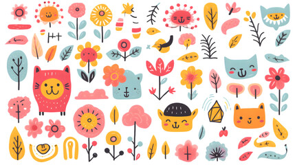 Cute doodle outlined design elements set. Funny creative line art animals, food, flower, rainbow,...