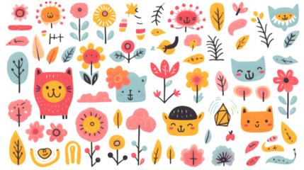 Cute doodle outlined design elements set. Funny creative line art animals, food, flower, rainbow, abstract shapes in kids scribble style. Trendy naive drawings. Childish hand-drawn vec. generative ai.