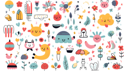 Cute doodle outlined design elements set. Funny creative line art animals, food, flower, rainbow, abstract shapes in kids scribble style. Trendy naive drawings. Childish hand-drawn vec. generative ai.
