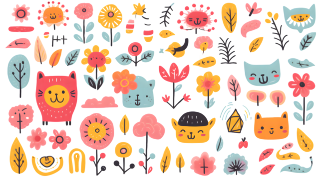 Cute doodle outlined design elements set. Funny creative line art animals, food, flower, rainbow, abstract shapes in kids scribble style. Trendy naive drawings. Childish hand-drawn vec. generative ai.