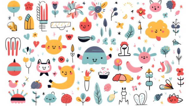 Cute doodle outlined design elements set. Funny creative line art animals, food, flower, rainbow, abstract shapes in kids scribble style. Trendy naive drawings. Childish hand-drawn vec. generative ai.