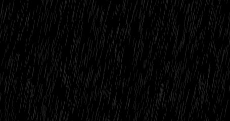 Cinematic Realistic rainfall animation overlay background. Heavy rain storm seamless loop animation. Surreal raindrops falling thunderstorm overlay. Raindrops on black bg.