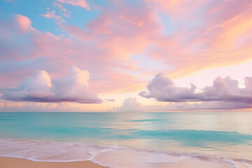 Fototapeta na wymiar Beautiful beach scene with teal water and pink clouds