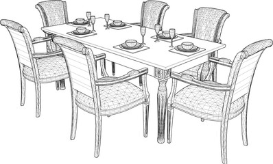 Vector sketch illustration of vintage classic dining table design