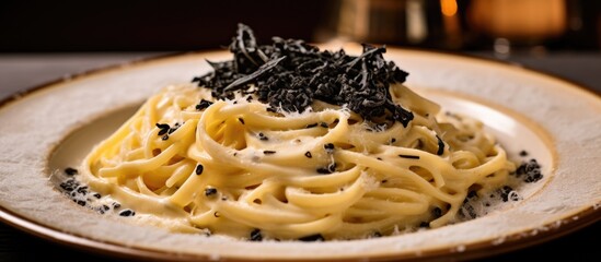 Fresh pasta with truffle sauce, prepared in a pecorino cheese wheel and topped with shaved black truffles in Florence, Italy at Centro Storico.