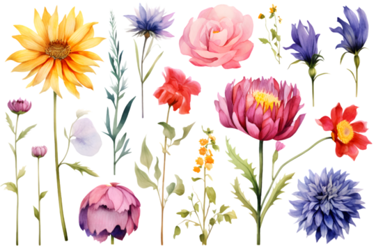Flowers set with colorful wildflower. Dahlia, lily, poppy and cornflower, watercolor floral isolated on white background. generative ai.