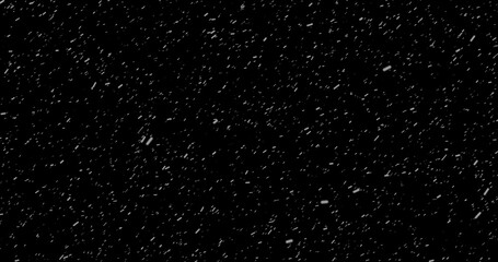 Cinematic snowfall loop animation of a surreal realistic snowflake falling bg. Snowfall winter overlay slowly falls on a black backdrop. Snowflake for Christmas new year 2024,2025.