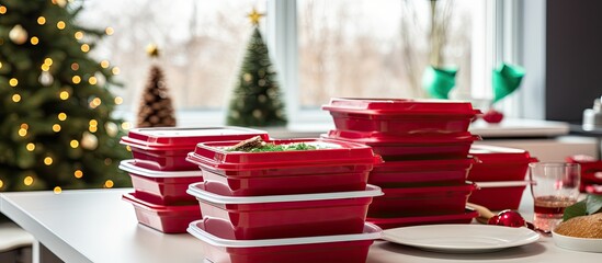 Festive kitchen with Christmas decor, food delivery containers on a white table, saving time and...