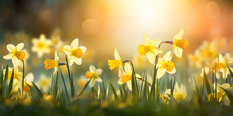 Banner with white daffodils with pale yellow trumpets in sunlight © Firn