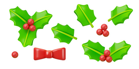 Vector 3d holly leaves set. Shiny plastic mistletoe leaf and berry with red bow, isolated on white background. New Year decorative elements © Olena Go