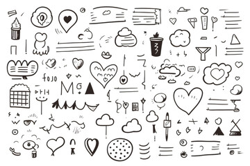 Hand drawn simple elements set. Sketch underlines, icons, emphasis, speech bubbles, arrows and shapes. Vector illustration isolated on white background. generative ai.