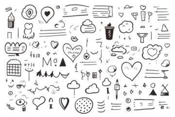 Hand drawn simple elements set. Sketch underlines, icons, emphasis, speech bubbles, arrows and shapes. Vector illustration isolated on white background. generative ai.