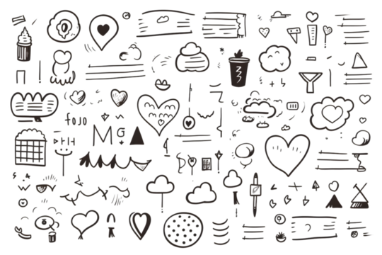 Hand drawn simple elements set. Sketch underlines, icons, emphasis, speech bubbles, arrows and shapes. Vector illustration isolated on white background. generative ai.