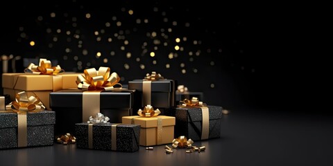 Fototapeta na wymiar Golden elegance. Shimmering christmas gifts with luxurious ribbons and ornaments. Festive surprises. Magical collection of shiny presents for holiday season