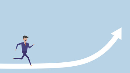 上昇する矢印の上を笑顔で走るビジネスマン