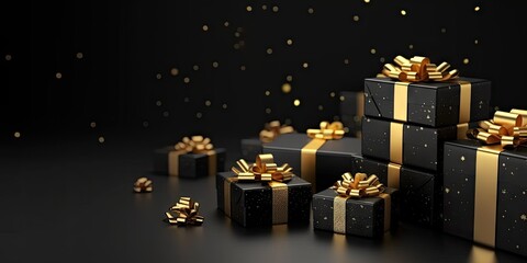 Golden elegance. Shimmering christmas gifts with luxurious ribbons and ornaments. Festive surprises. Magical collection of shiny presents for holiday season