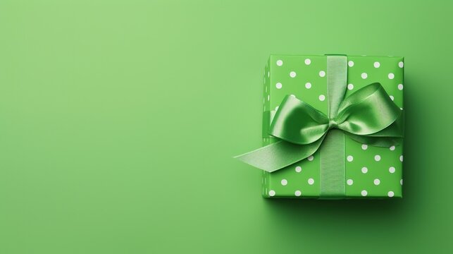 St Patrick's Day concept. Top view of green giftbox with polka dot pattern and ribbon on green background with copy space