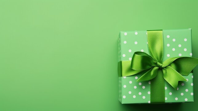 St Patrick's Day concept. Top view of green giftbox with polka dot pattern and ribbon on green background with copy space