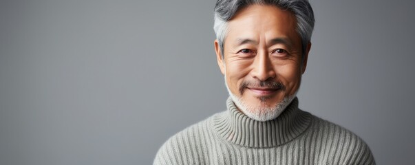 portrait of mature asian man in grey knitted sweater on grey background. copy space, banner