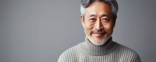 Fotobehang portrait of mature asian man in grey knitted sweater on grey background. copy space, banner © mariiaplo