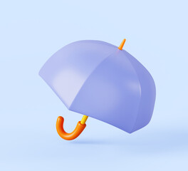 3d cartoon blue umbrella icon top view. Render mockup of open parasol with wood handle, accessory for rain or sun protect, isolated app design element. Protection symbol, safety sign. 3D illustration - obrazy, fototapety, plakaty
