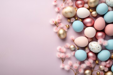 Easter eggs and flowers on a pastel pink background with copy space, festive flat lay