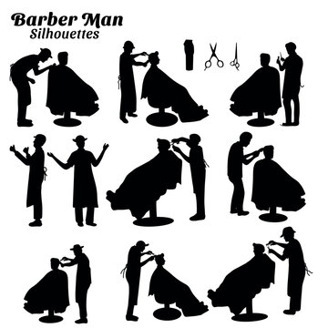 Collection of illustrations of silhouettes of barber man