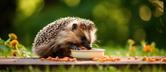 European hedgehog eating cat food from a dish in summertime.