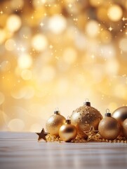 Christmas decorative gold bauble ornaments with blurred stars and bokeh lights with festive Christmas background gold balls, golden tinsel confetti and stars background.. Generative AI,