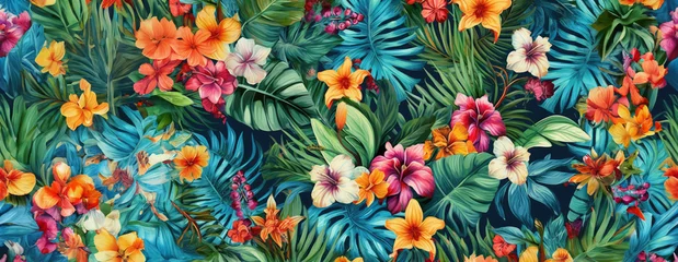 Foto op Plexiglas Tropical exotic pattern with animal and flowers in bright colors and lush vegetation. Ai Generative. © Mix and Match Studio