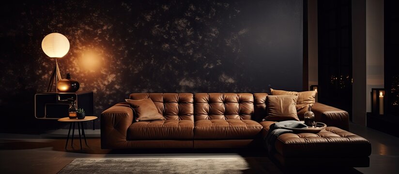 Brown leather sofa in dark living room at night