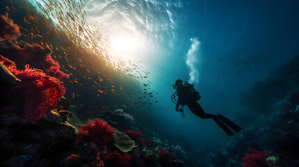 Fototapeta na wymiar underwater scene with reef and scuba diver 
