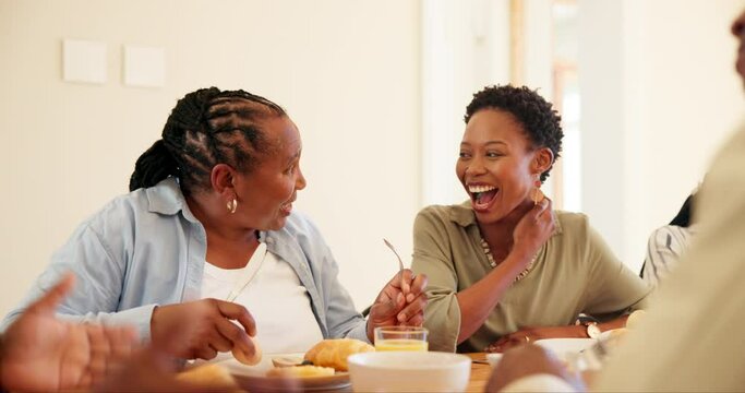 Black family, senior mother and woman at dinner in home, comic joke and laugh with memory, love and care. Men, women and kids in conversation, chat or food in house, connection or thanksgiving brunch