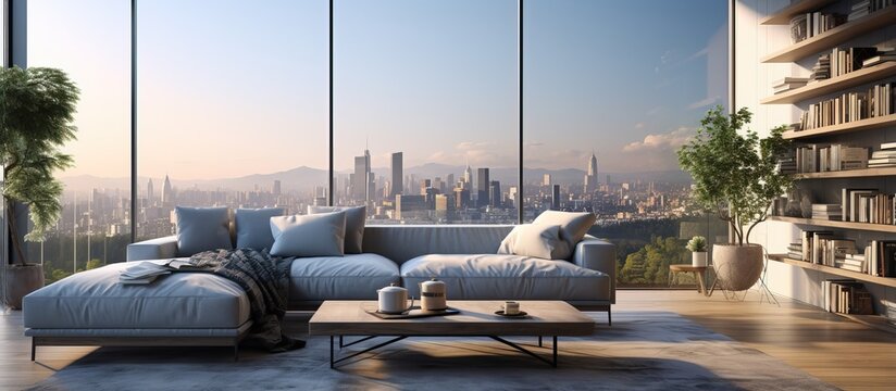 a modern living room with a cozy couch city view and natural light