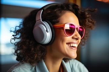 Woman wearing sunglasses and headphones, smiling. Suitable for lifestyle, music, and fashion themes