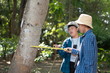 Young asian schoolboy measuring a size of tree trunk with a measuring tape and recording information of trees for school botanical garden library.