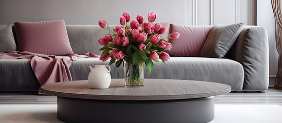 Beautiful living room interior with a stylish round coffee table and flowers in the middle.