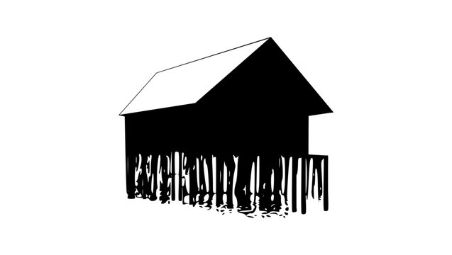 Stilt house in the water, black isolated silhouette