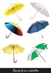Big set of sun umbrellas.  Vector 3d color illustration. Hand drawn illustration