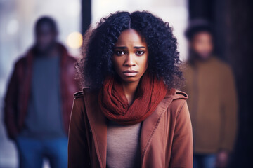 African woman feeling sad and disappointed, two men is behind - obrazy, fototapety, plakaty