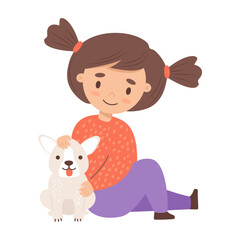 Cute happy girl with dog. Vector illustration. Child character and puppy in cartoon style with. Kids collection.