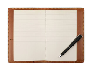 Open blank paper leather notebook with pen on whiteboard