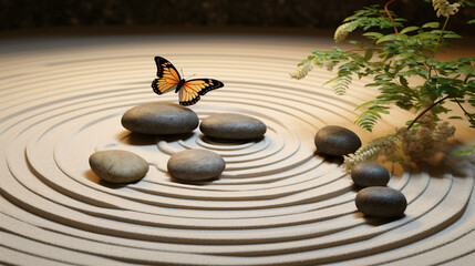 Zen garden with round meditation stone