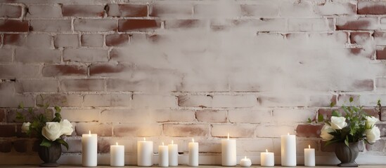 White candles on a brick wall shelf pictured