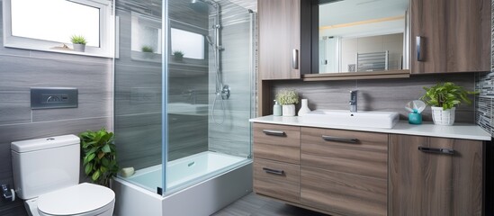 Stylish bathroom with glass shower cabin toilet and wooden cabinet with sink on wall - obrazy, fototapety, plakaty