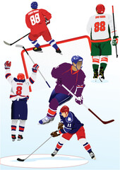 Big set of Ice hockey players. Colored Vector 3d hand drawn illustration