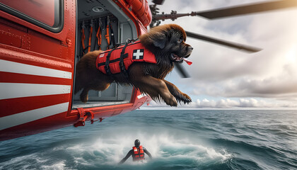 Newfoundland dog jumping out of a helicopter into the ocean to the rescue .These dogs excel at...