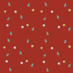 A cute seamless minimal red background or wallpaper for Christmas, included Christmas tree, ornaments. - obrazy, fototapety, plakaty