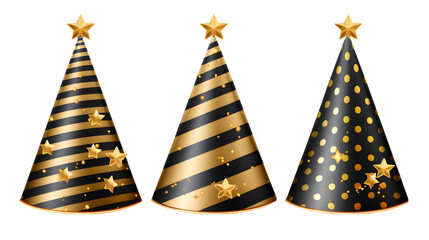 Party hats with gold and black stripes, dots and stars for birthday celebration. Vector realistic set of funny cone head caps with golden ribbons for holidays and festive. generative ai.